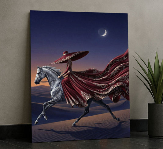 Majestic Woman In Red Gown Riding White Horse Canvas Wall Art