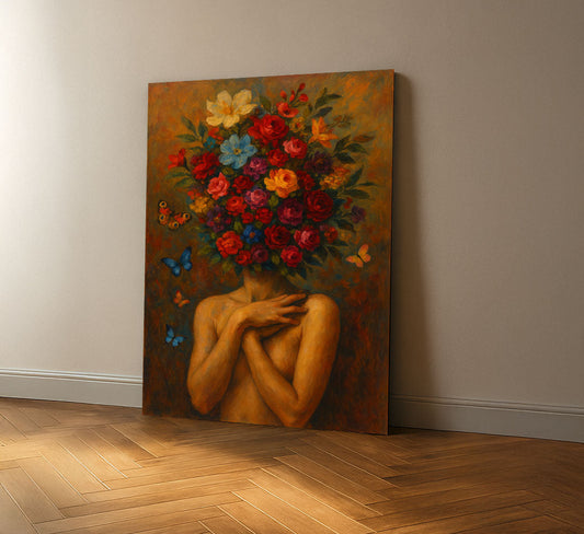 Mystical Woman With Floral Bouquet Head Canvas Wall Art