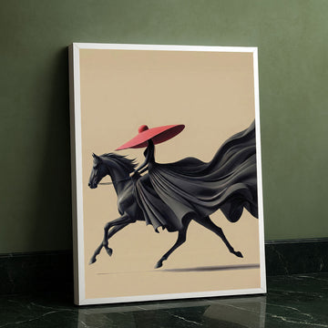 Dramatic Woman In Red Hat On Black Horse Canvas Wall Art