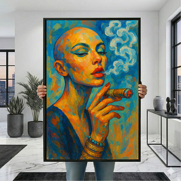 Bold Bald Woman Smoking Cigar Canvas Wall Art