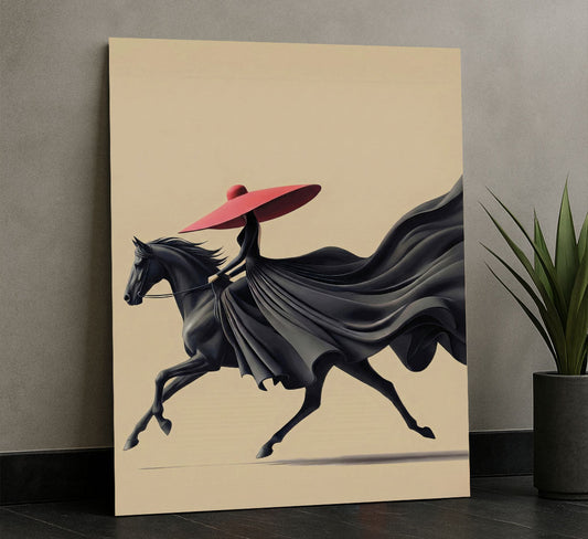 Dramatic Woman In Red Hat On Black Horse Canvas Wall Art