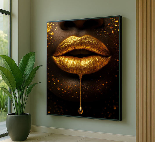 Majestic Golden Lips With Dripping Gold Canvas Wall Art