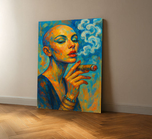 Bold Bald Woman Smoking Cigar Canvas Wall Art