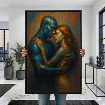 Enchanting Blue And Orange Embracing Couple Canvas Wall Art