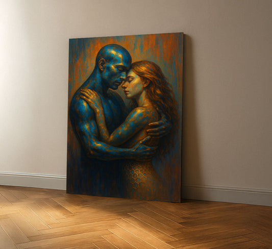 Enchanting Blue And Orange Embracing Couple Canvas Wall Art