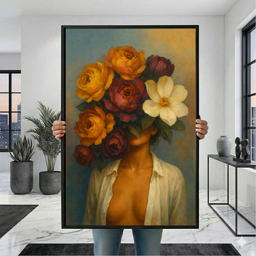 Mystical Woman With Vibrant Floral Head Canvas Wall Art
