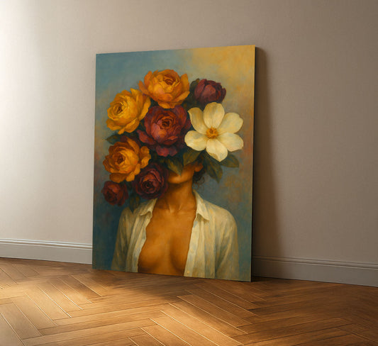 Mystical Woman With Vibrant Floral Head Canvas Wall Art