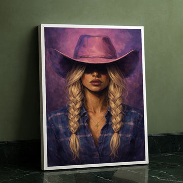 Enchanting Blonde Woman In Purple Cowboy Hat Canvas Wall Art