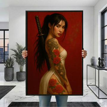 Enchanting Samurai Woman with Tattoos Canvas Wall Art | Red Toned Bedroom Wall Decor | Statement Piece