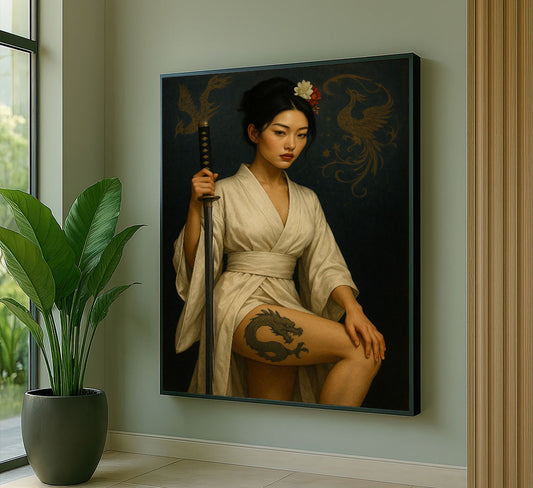Enchanting Samurai Woman With Dragon Tattoo Canvas Wall Art