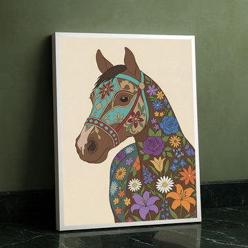 Vibrant Floral Patterned Horse Portrait Canvas Wall Art