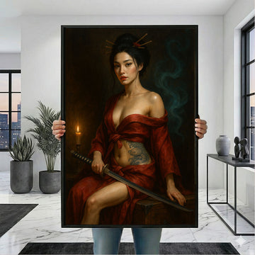 Enchanting Tattooed Samurai Woman With Sword Canvas Wall Art