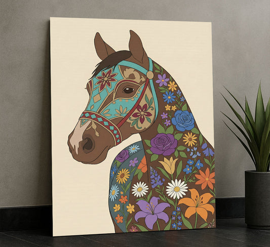 Vibrant Floral Patterned Horse Portrait Canvas Wall Art