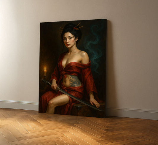 Enchanting Tattooed Samurai Woman With Sword Canvas Wall Art