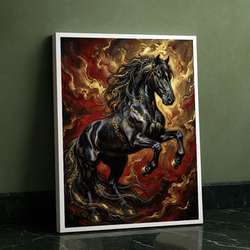 Dramatic Black Stallion With Fiery Mane Canvas Wall Art