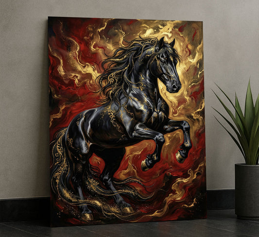 Dramatic Black Stallion With Fiery Mane Canvas Wall Art