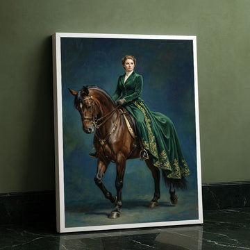 Elegant Woman In Green Dress Riding Horse Canvas Wall Art