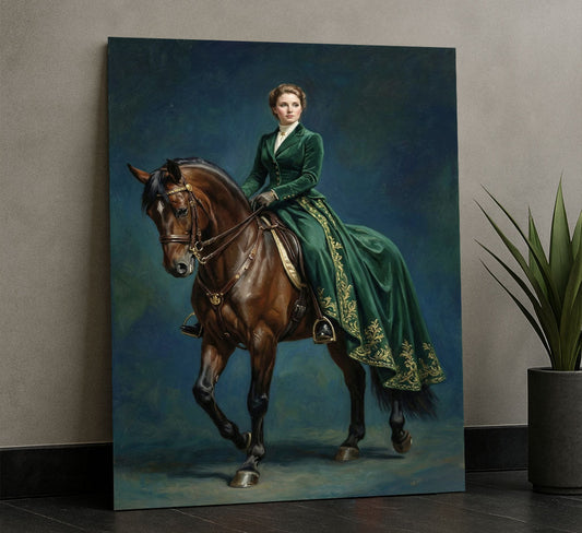 Elegant Woman In Green Dress Riding Horse Canvas Wall Art