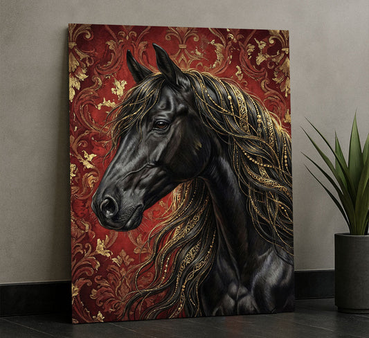 Majestic Black Horse With Golden Mane Canvas Wall Art