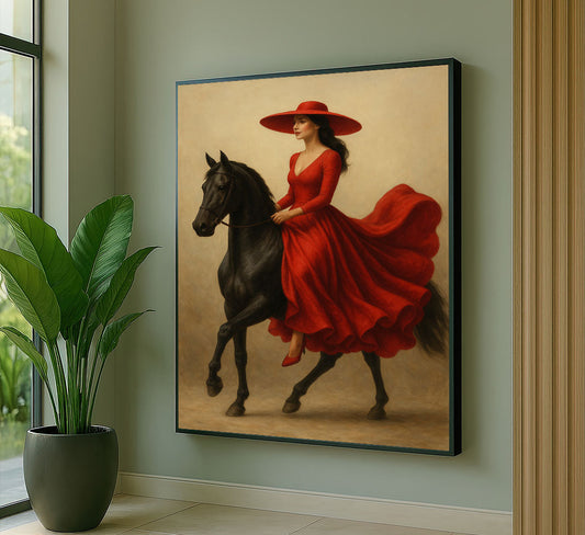 Elegant Woman In Red Dress Riding Black Horse Canvas Wall Art