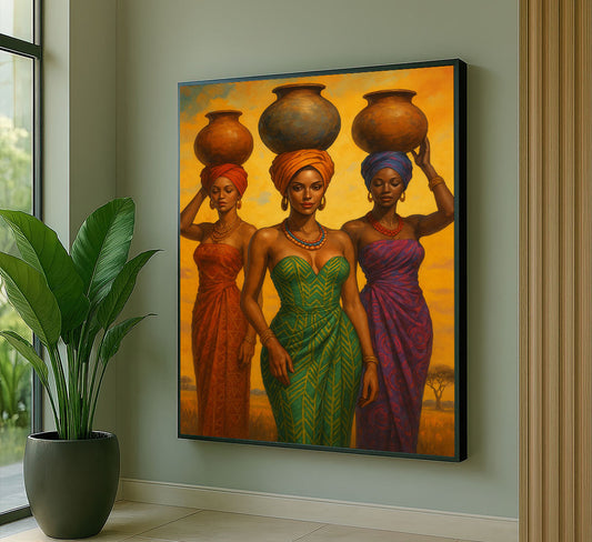 Elegant African Women Carrying Pots Canvas Wall Art