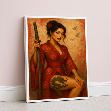 Enchanting Samurai Woman With Dragon Tattoo Canvas Wall Art