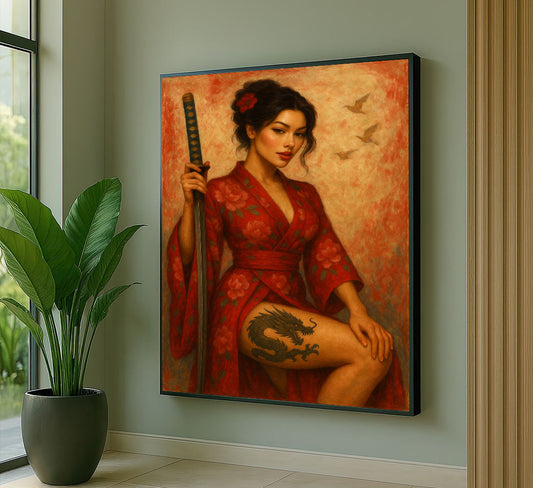 Enchanting Samurai Woman With Dragon Tattoo Canvas Wall Art