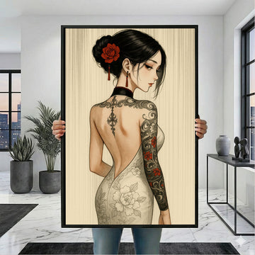 Elegant Tattooed Woman Canvas Wall Art Print | Modern Bedroom Wall Decor | Statement Piece