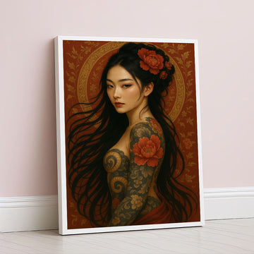 Enchanting Tattooed Woman With Red Flowers Canvas Wall Art