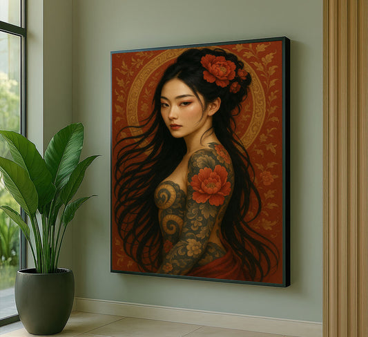 Enchanting Tattooed Woman With Red Flowers Canvas Wall Art