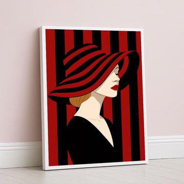 Striking Red And Black Striped Hat Woman Canvas Wall Art