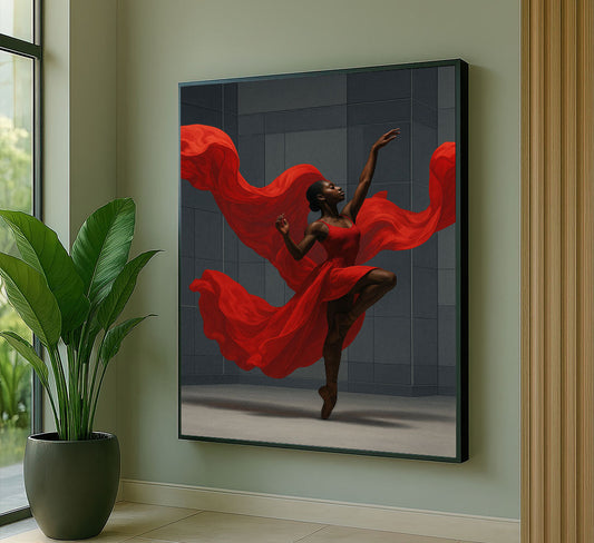 Dynamic Black Woman Dancing In Flowing Red Dress Canvas Wall Art