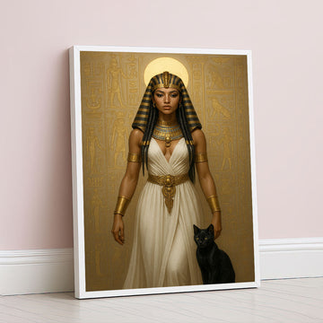 Majestic Egyptian Queen With Black Cat Canvas Wall Art