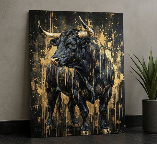 Majestic Black Bull With Gold Accents Canvas Wall Art