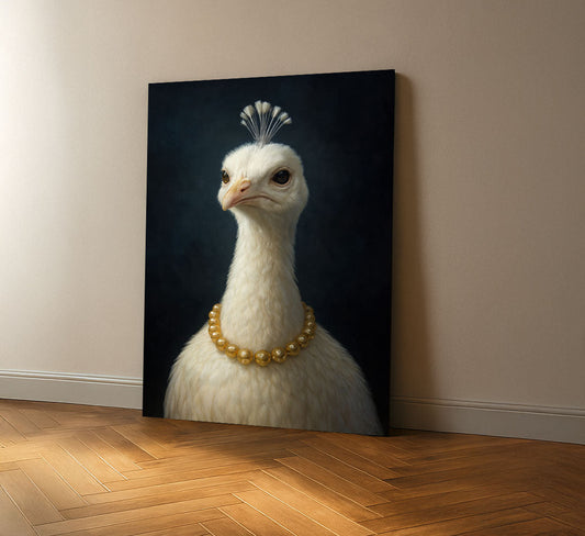 Elegant White Peacock With Pearl Necklace Canvas Wall Art