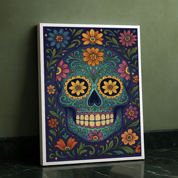 Vibrant Floral Sugar Skull Design Canvas Wall Art