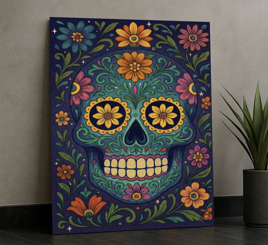Vibrant Floral Sugar Skull Design Canvas Wall Art