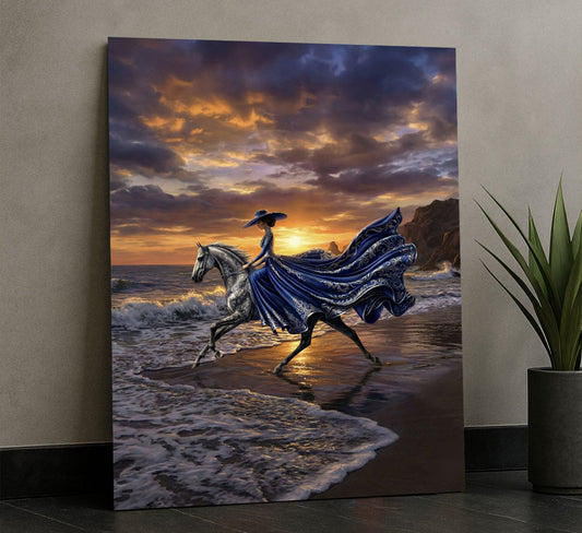 Elegant Blue Gown Woman Riding Horse At Sunset Canvas Wall Art