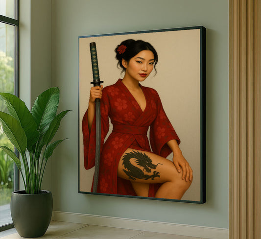 Enchanting Samurai Woman With Dragon Tattoo Canvas Wall Art