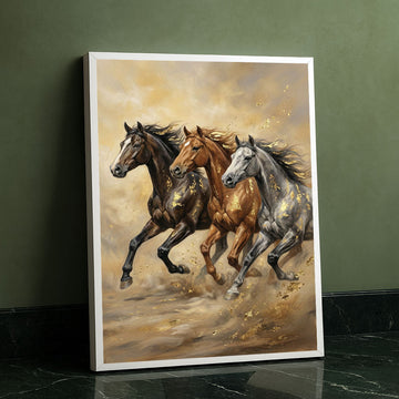 Dynamic Galloping Horses With Golden Highlights Canvas Wall Art