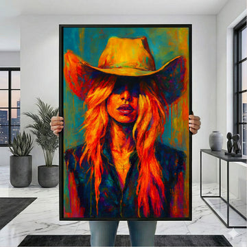 Vibrant Blonde Woman In Cowboy Hat Canvas Wall Art