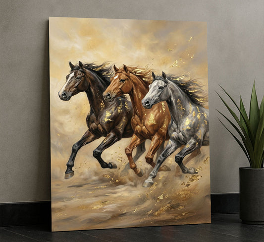 Dynamic Galloping Horses With Golden Highlights Canvas Wall Art