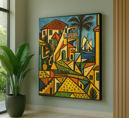 Vibrant Geometric Mediterranean Village Canvas Wall Art