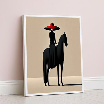 Graceful Woman In Red Hat On Black Horse Canvas Wall Art