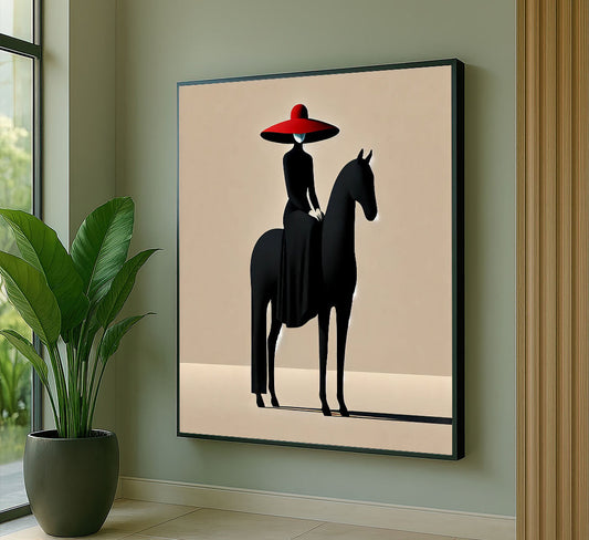 Graceful Woman In Red Hat On Black Horse Canvas Wall Art