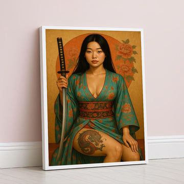Enchanting Samurai Woman With Dragon Tattoo Canvas Wall Art