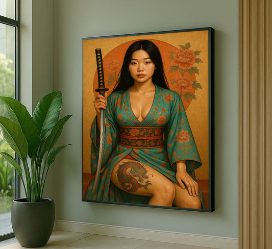 Enchanting Samurai Woman With Dragon Tattoo Canvas Wall Art
