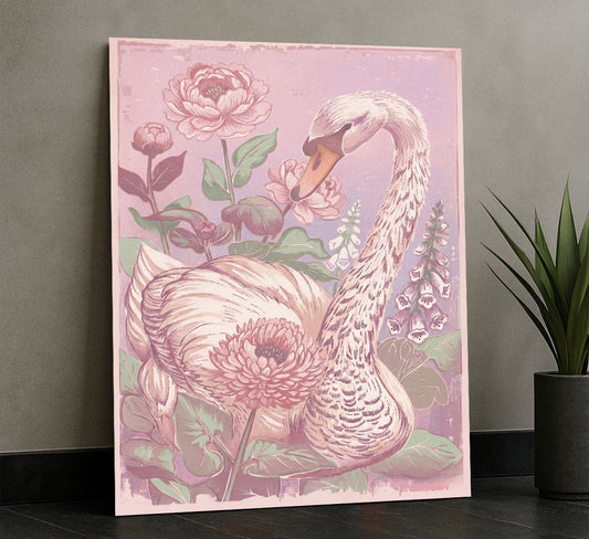 Graceful Swan Among Pink Blossoms Canvas Wall Art
