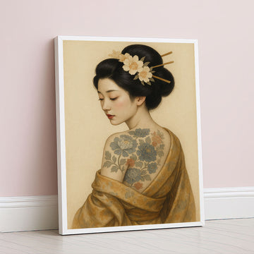 Elegant Tattooed Geisha In Floral Kimono Canvas Wall Art