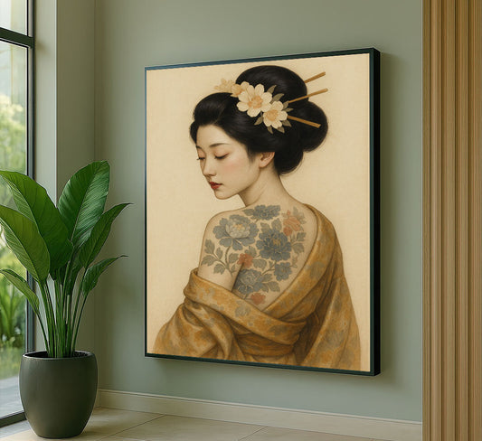 Elegant Tattooed Geisha In Floral Kimono Canvas Wall Art